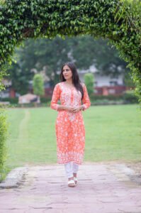 Gulnaaz chikankari kurti orange | Mulmul and Lucknowi Chikankari | lucknowi chikankari fabric | lucknow chikankari instagram | lucknowi chikankari shop near me | Comfortable