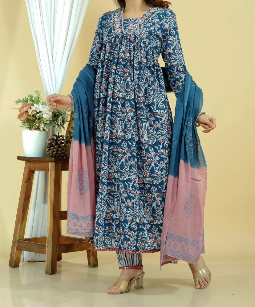 Jaipuri print Alia Cut Suit Blue